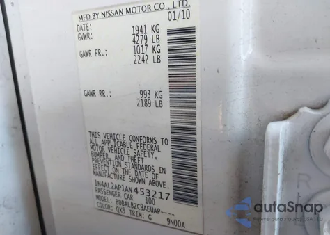 2010 Nissan Altima 2.5 S z USA, uszkodzony, nr VIN 1N4AL2AP1AN453217